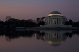 Jefferson Memorial, Washington, D.C., at sunrise, reflected in the Tidal Basin.