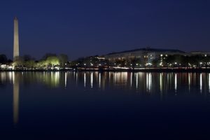 Washington Monument, Washington, D.C., at sunset, reflected in the Tidal Basin.